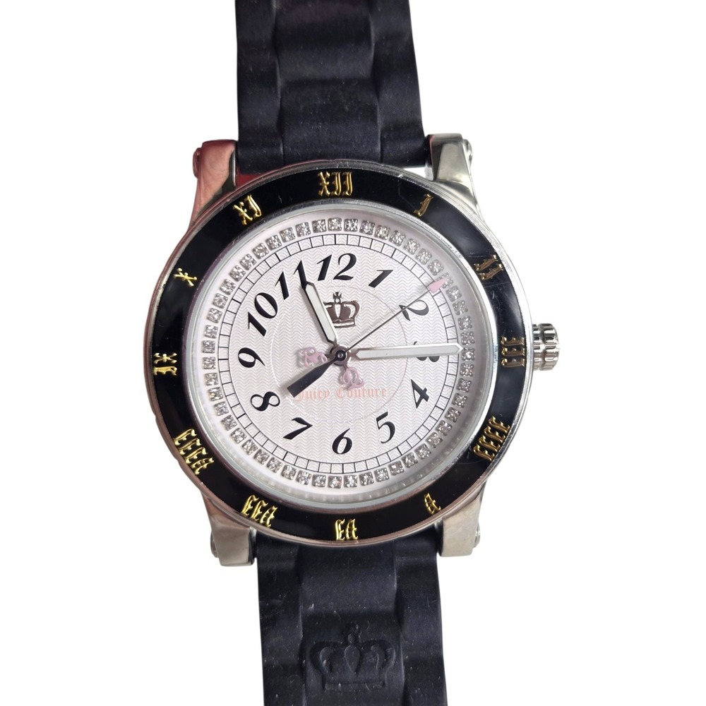 Juicy Couture Women's Black Watch Silver Tone Pave Bling Pink Crown Need Battery